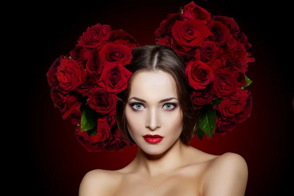Beautiful model woman rose flower in hair beauty salon makeup Y