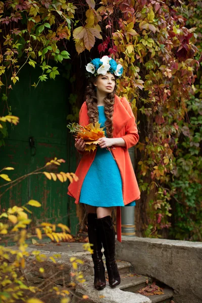 Autumn woman on background fall landscape leaves of trees. Girl