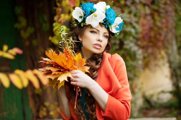 Autumn woman on background fall landscape leaves of trees. Girl