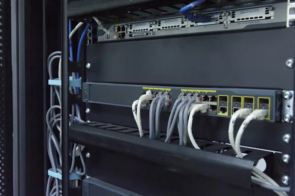 Network hub and patch cables in network cabinet