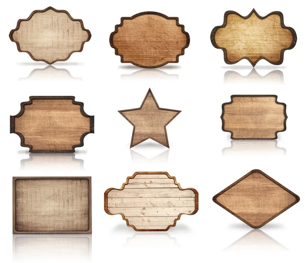 Brown wooden boards, signboard, planks. star and dark frames are isolated on white background