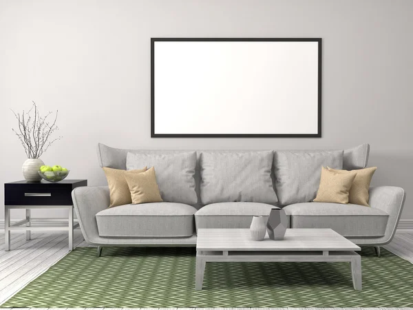 Mock up blank poster on the wall of interior with sofa. 3D Illus