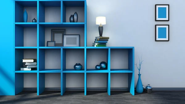 Blue shelf with vases, books and lamp