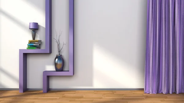 Room with purple curtains and shelf with lamp. 3D illustration