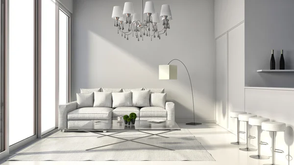 Interior of the modern design loft with lamp, sofa and bar. 3D i