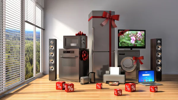 Home appliance with ribbons and discounts in interior