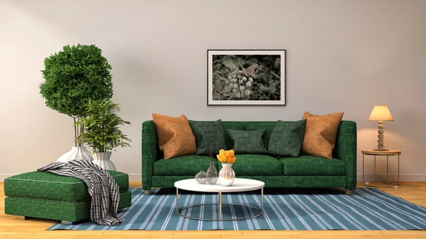 Interior with green sofa. 3d illustration