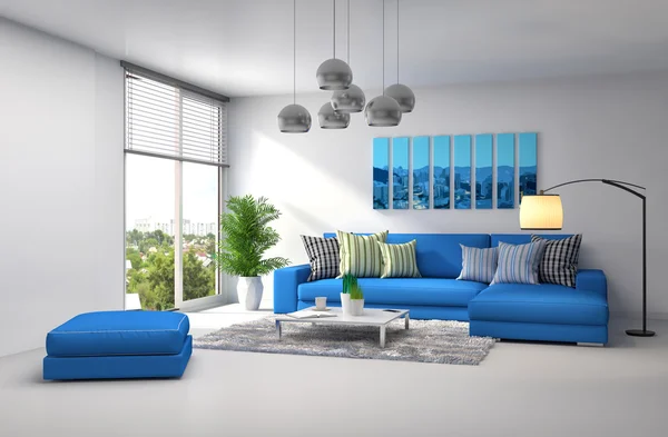 Interior with blue sofa. 3d illustration