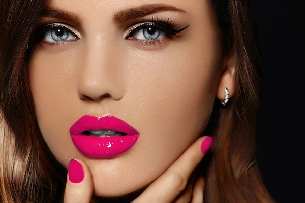 High fashion look.glamor closeup portrait of beautiful sexy stylish Caucasian young woman model with bright makeup, with pink lips,  with perfect clean skin