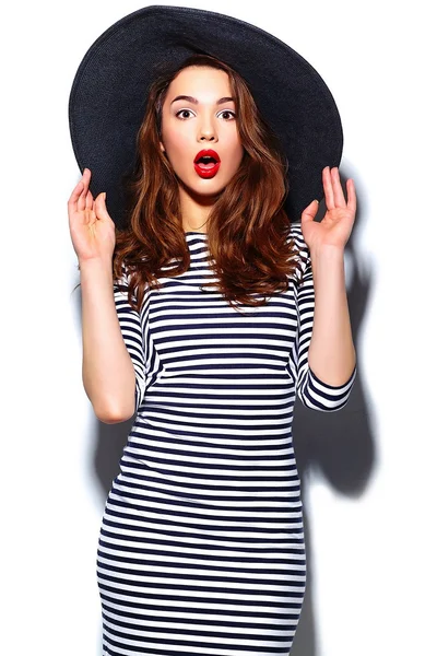 High fashion look.glamor stylish beautiful  young happy smiling woman model with red lips  in zebra dress in black summer hat