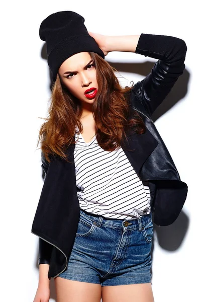 High fashion look.glamor stylish beautiful  young happy smiling woman model with red lips  in casual cloth in black beanie