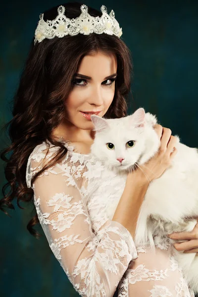Woman Fashion Model and White Cat