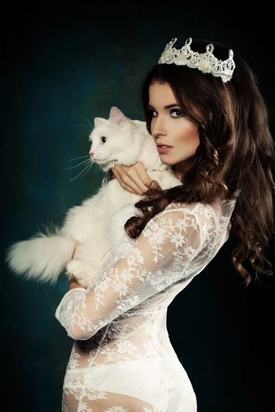 Beautiful Fashion Model and White Cat