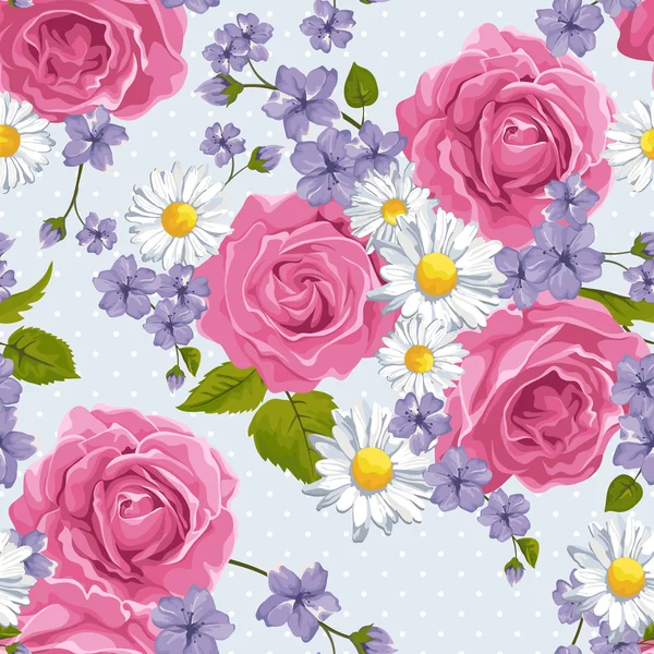 Seamless wallpaper pattern with roses and other flowers on design background, vector illustration.
