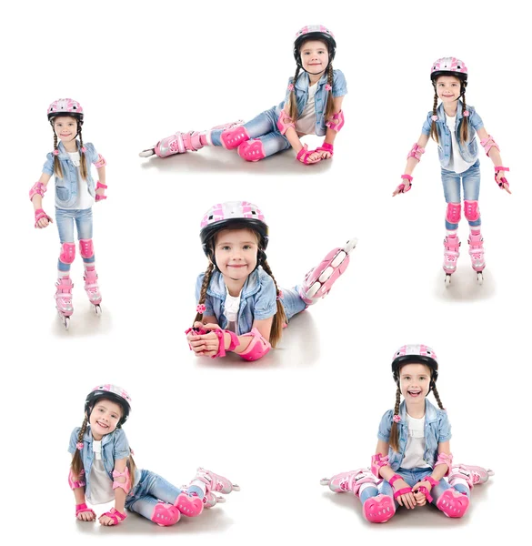 Collection of photos cute smiling little girl in roller skates