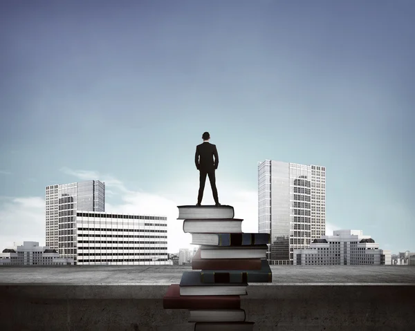 Man standing on the top of books looking the city