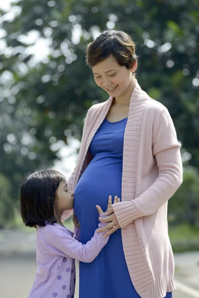 Girl kissing mother's abdomen