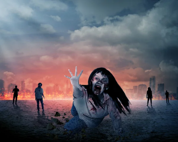 Scary female zombie with burning city background