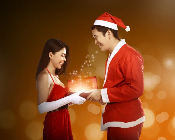 Man give present box to woman