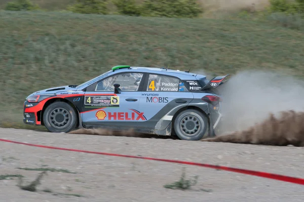 MIKOLAJKI, POLAND - JUL 2: Hayden Paddon and his codriver John Kennard in a Hyundai New Generation i20 WRC race in the 73nd Rally Poland, on July 2, 2016 in Mikolajki, Poland