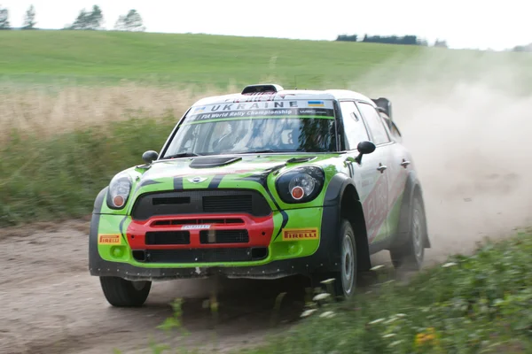 MIKOLAJKI, POLAND - JUL 1: Valeriy Gorban and his codriver Volodymyr Korsia in a BMW-Mini John Cooper Works race in the 73nd Rally Poland, on July 1, 2016 in Mikolajki, Poland