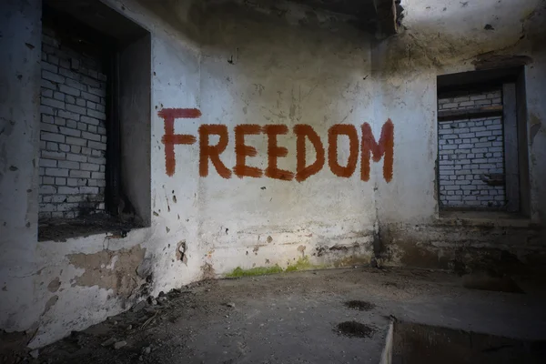 Text freedom on the dirty old wall in an abandoned ruined house