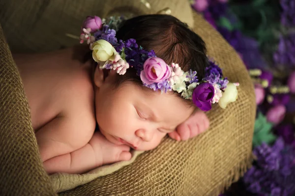 Sweet dreams of newborn baby. Beautiful little girl with lilac flowers