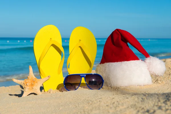Funny New Year holidays at the sea. Christmas Travel in tropical countries