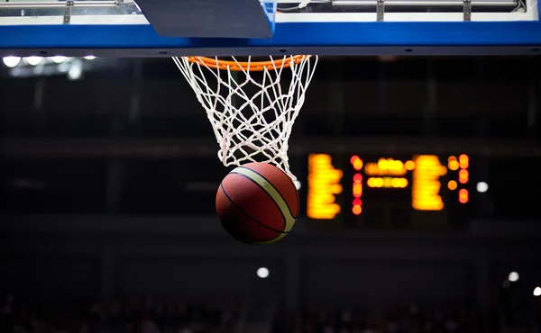 Basketball going through the hoop at a sports arena