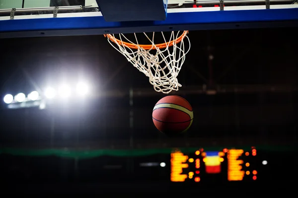 Basketball going through the hoop at a sports arena