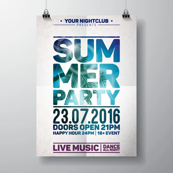 Vector Summer Beach Party Flyer Design with typographic elements on ocean landscape background.