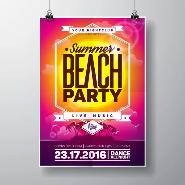 Vector Summer Beach Party Flyer Design with typographic elements on ocean landscape background.