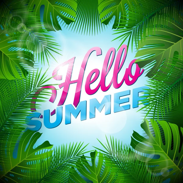 Vector Hello Summer Holiday typographic illustration with tropical plants and sunlight on light blue background.