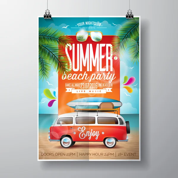 Vector Summer Beach Party Flyer Design with travel van and surf board on ocean landscape background.