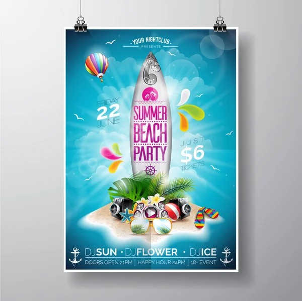 Vector Summer Beach Party Flyer Design with surf board and paradise island on ocean landscape background. Typographic design on board.