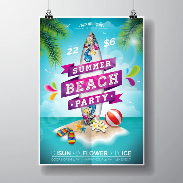 Vector Summer Beach Party Flyer Design with surf board and paradise island on ocean landscape background. Typographic design on banner.