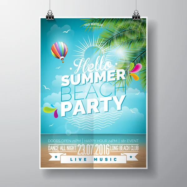 Vector Summer Beach Party Flyer Design with typographic elements on ocean landscape background. Air balloon and palm tree.