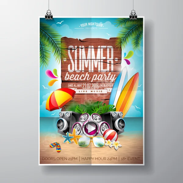 Vector Summer Beach Party Flyer Design with typographic elements on wood texture background. Summer nature floral elements, surf, board, music objects and sunglasses.