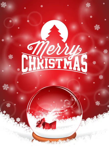 Vector Merry Christmas Holiday illustration with typographic design and magic snow globe on snowflakes background.