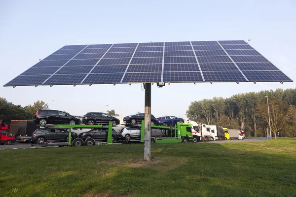 Solar panel on truck stop near belgian motorway