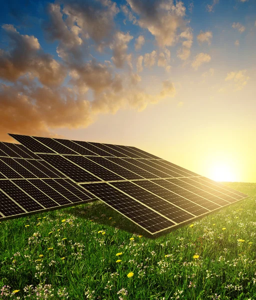 Solar energy panels against sunset sky.