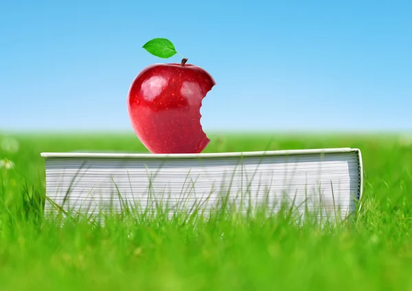 Apple on book in grass.