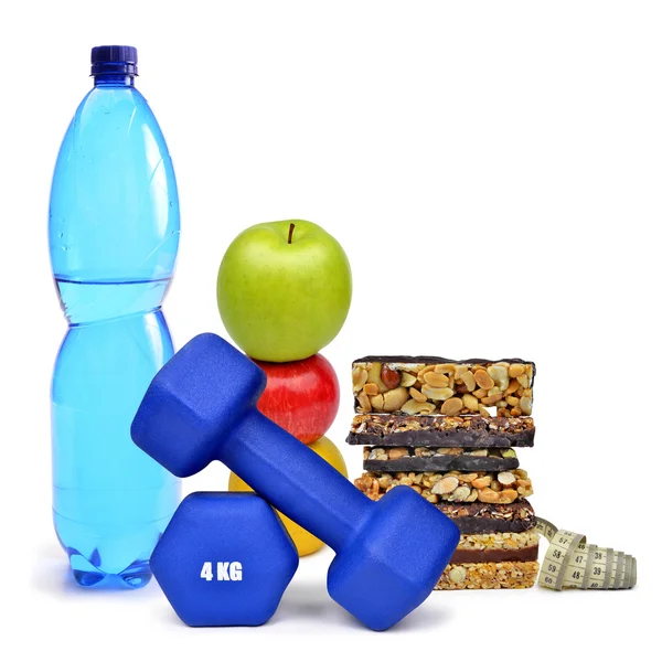 Dumbbells, PET bottle with water,apples and muesli bars
