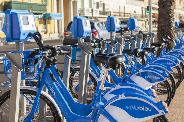 NICE, FRANCE - on JANUARY 13, 2016.Point of a bicycle rental of Veloblue on the Promenade des Anglais