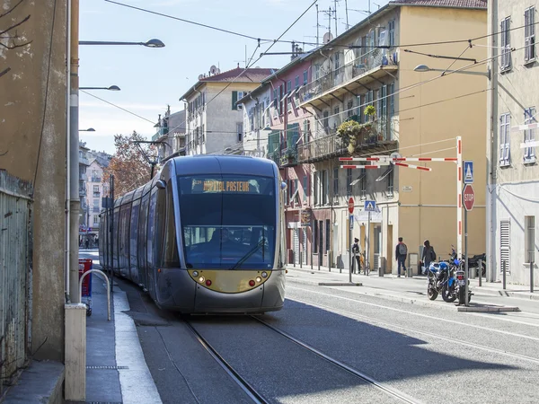 NICE, FRANCE, on JANUARY 13, 2016. The high-speed tram goesby the street