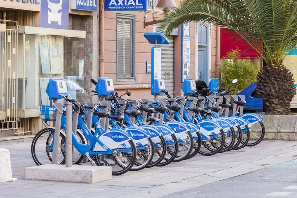 NICE, FRANCE, on JANUARY 13, 2016. Point of a bicycle rental of Veloblue on the city street
