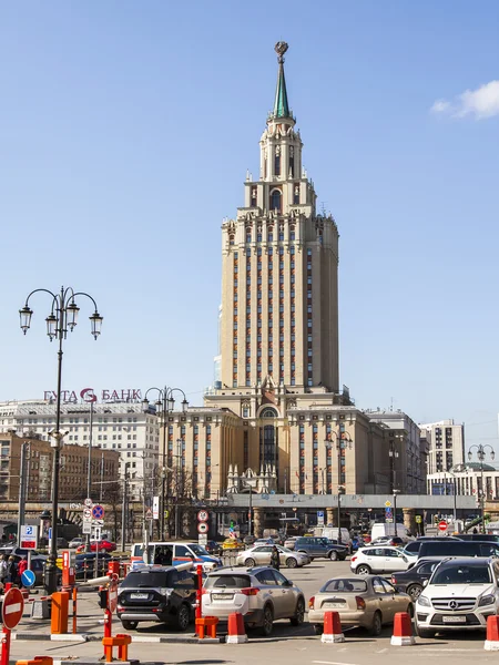 MOSCOW, RUSSIA, on APRIL 12, 2016. Komsomolskaya Square, architectural complex. One of the Moscow skyscrapers Hilton-Leningrad Hotel in the distance