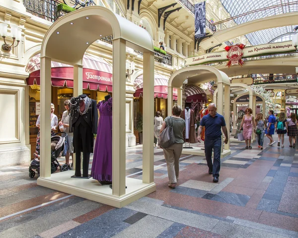 MOSCOW, RUSSIA, on May 31, 2016. Trade gallery of the GUM historical shop at Red Square. Exhibits of a scenic suit within a festival of arts the Cherry wood