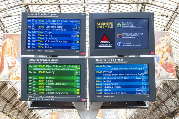 PARIS, FRANCE, on JULY 6, 2016. East station (fr. Gare de L Est). An electronic board with a train schedule