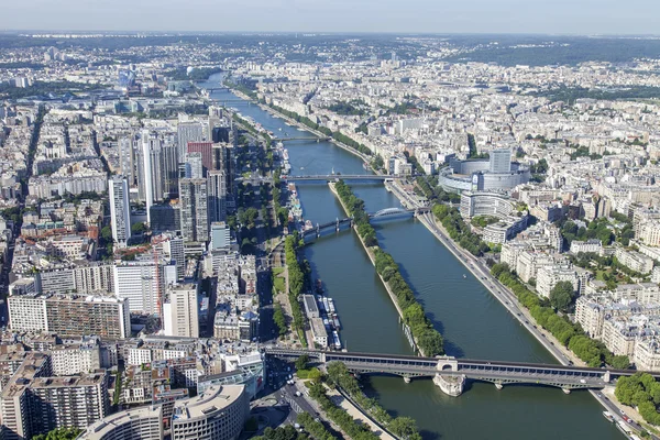 PARIS, FRANCE, on JULY 7, 2016. A view of the city from above from the survey platform of the Eiffel Tower. River Seine its embankments and bridges. Bir-Most Hakeym Bridge (fr. Bir-Hakeim)
